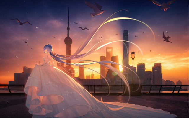 Woman white dress sunset city #2 free wallpaper - medium preview image