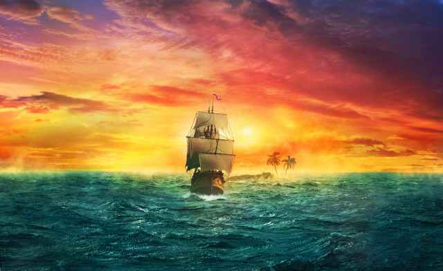 Sunset ocean ship mountain fire free wallpaper - medium preview image