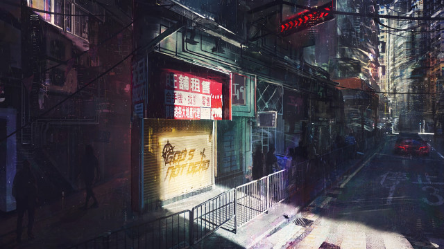 Cyberpunk street scene neon rain free wallpaper - medium preview image