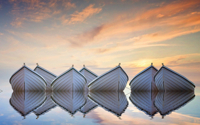 Boats lake sunset symmetry cloudy free wallpaper - medium preview image