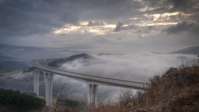 Bridge river mountain foggy sky free wallpaper - medium preview image