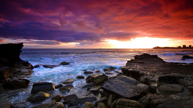Sunset ocean rocks lighthouse red free wallpaper - medium preview image