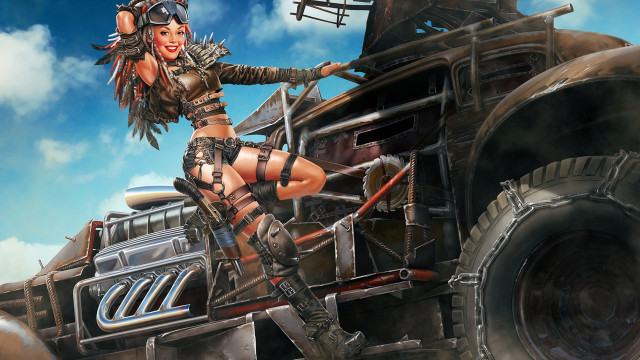 Woman leather outfit jeep gun free wallpaper - medium preview image