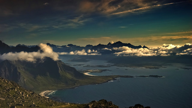 Mountain lake cityscape clouds sunset free wallpaper - medium preview image