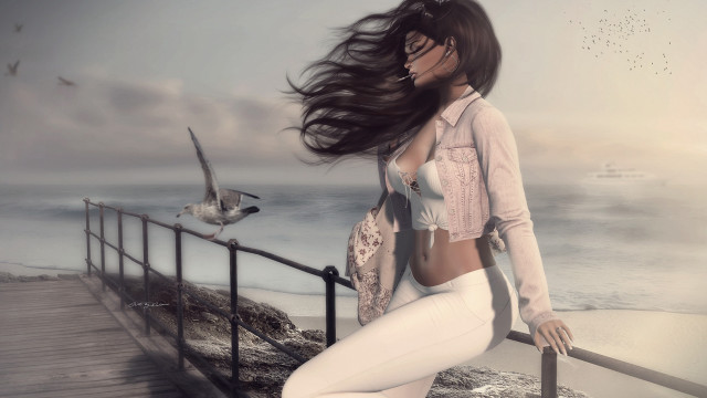 Woman white pants jacket ocean free wallpaper - medium preview image