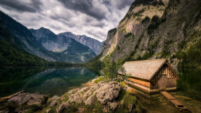 Cabin cliff lake mountains clouds free wallpaper - medium preview image