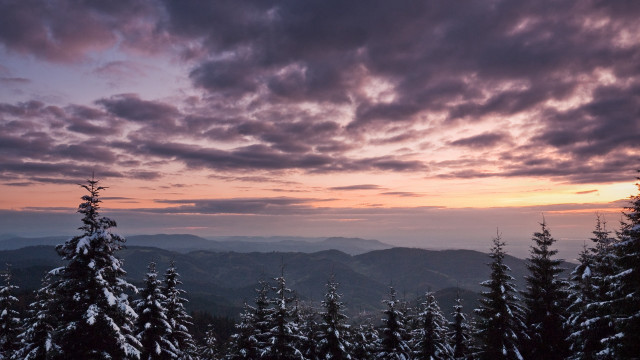 Sunset mountain snow trees clouds free wallpaper - medium preview image
