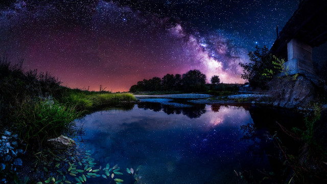 River reflection starry sky building free wallpaper - medium preview image