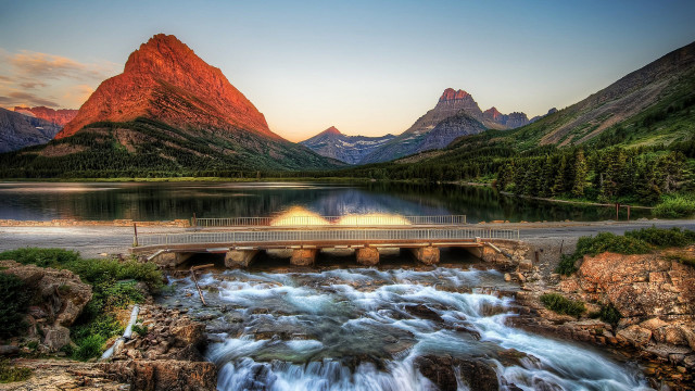 Bridge waterfall mountains sunset landscape free wallpaper - medium preview image