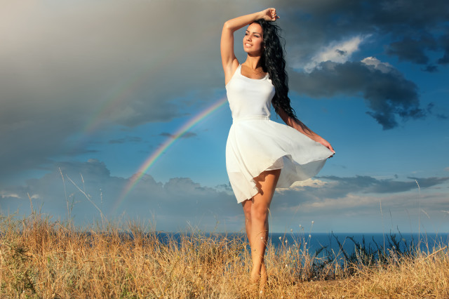 Woman white dress field rainbow free wallpaper - medium preview image
