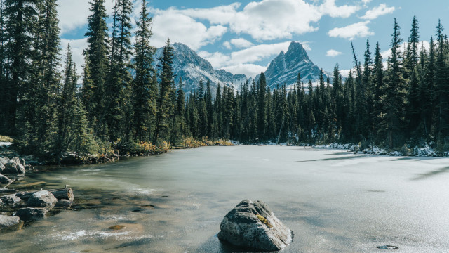 Mountain lake trees rocks snow #2 free wallpaper - medium preview image