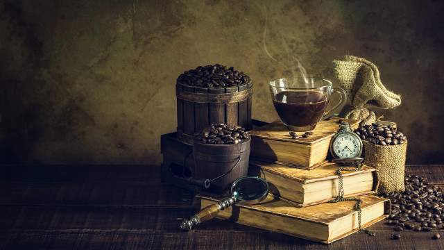 Stack books coffee clock lantern free wallpaper - medium preview image