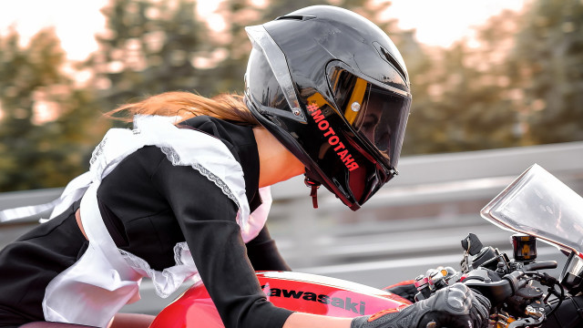 Woman motorcycle blackwhite dress helmet free wallpaper - medium preview image
