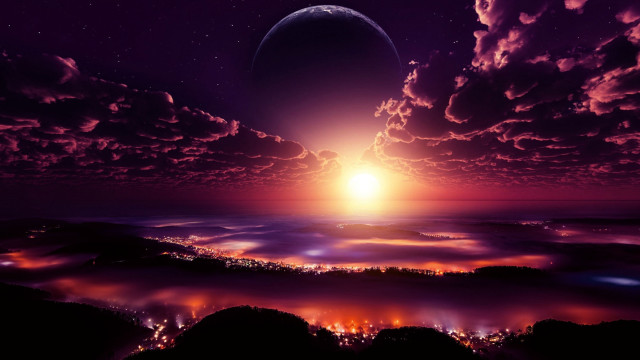 Sunset planet city purple clouds free wallpaper - medium preview image