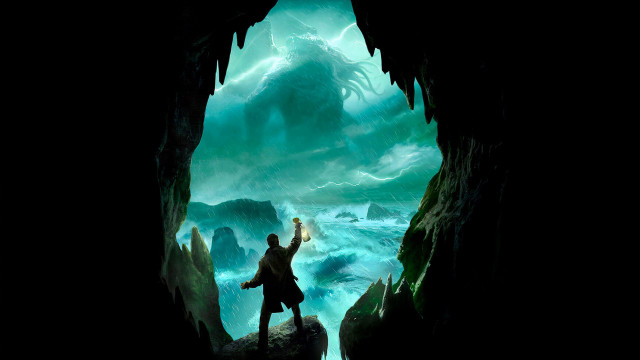 Cave monster lake waterfall fantasy free wallpaper - medium preview image