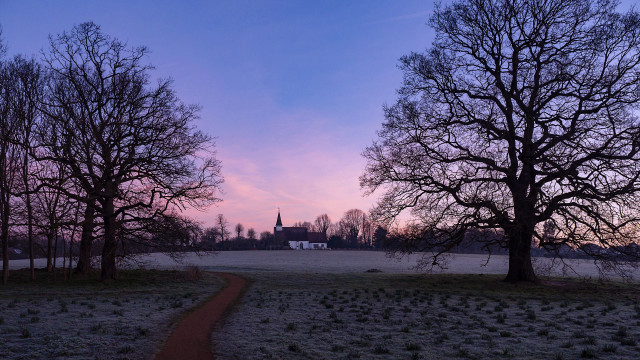 Dawn path trees church autumn free wallpaper - medium preview image