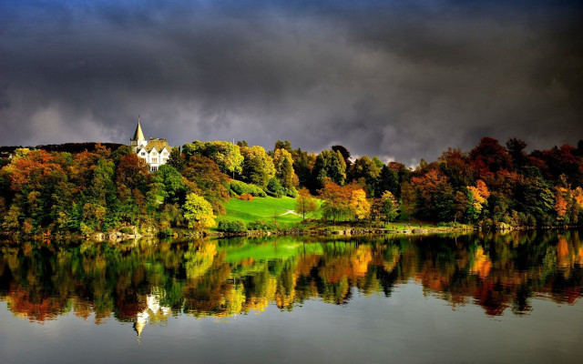 Lake church hill trees sky free wallpaper - medium preview image
