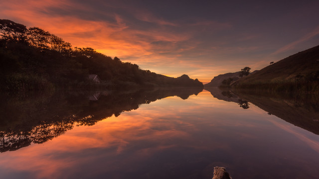 Sunset reflections lake trees clouds free wallpaper - medium preview image