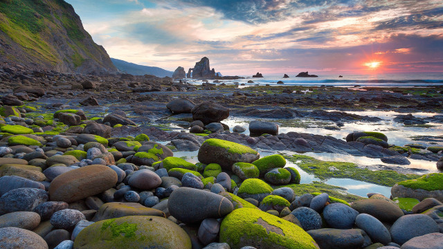 Rocky beach mossy sunset landscape free wallpaper - medium preview image