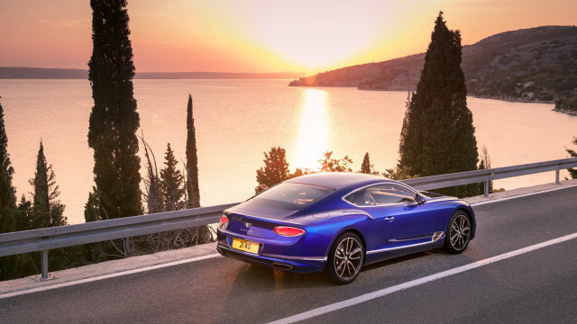Blue sports car sunset lake free wallpaper - medium preview image