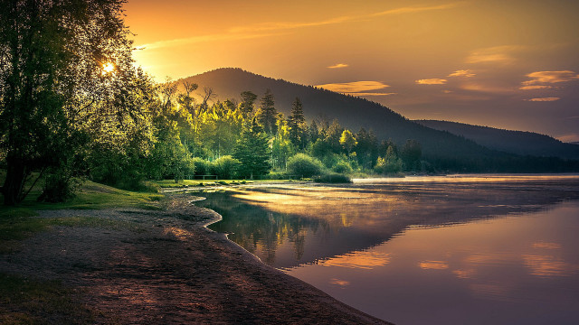 Lake mountain shore trees sunset free wallpaper - medium preview image