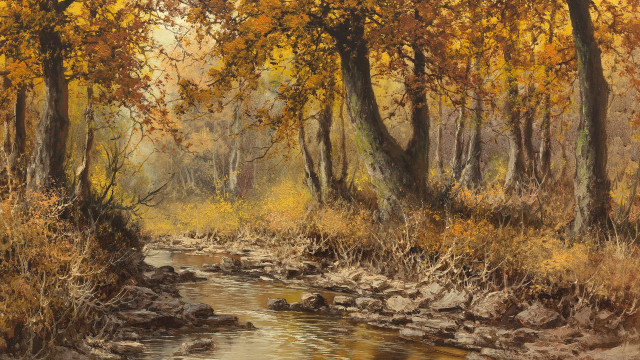 Autumn forest stream oil painting free wallpaper - medium preview image