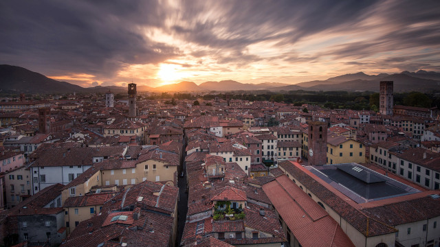 City sunset mountains bridge buildings free wallpaper for desktop - medium preview image