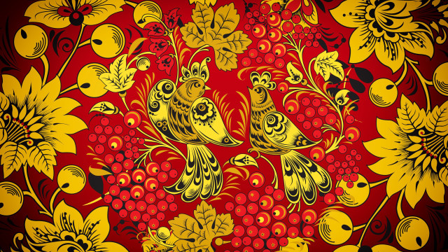 Red yellow floral birds leaves free wallpaper - medium preview image