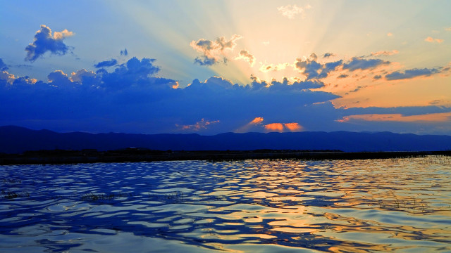 Sunset boat bridge city mountain free wallpaper - medium preview image