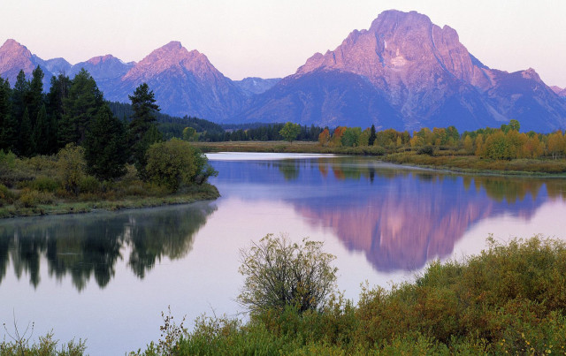 Lake mountains trees bushes sunset free wallpaper - medium preview image