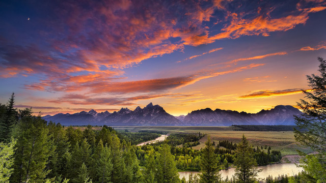 Sunset valley mountains river landscape free wallpaper - medium preview image