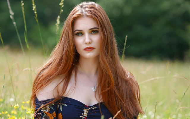 Red haired woman flowers outdoors free wallpaper - medium preview image