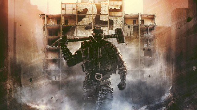 Man gasmask metal object city free wallpaper - medium preview image