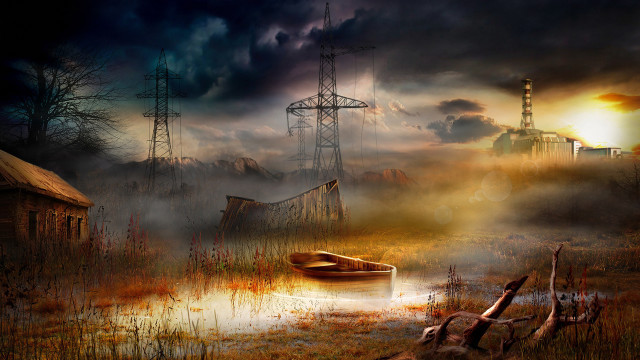 Swampy boat gothic cityscape sunset free wallpaper - medium preview image