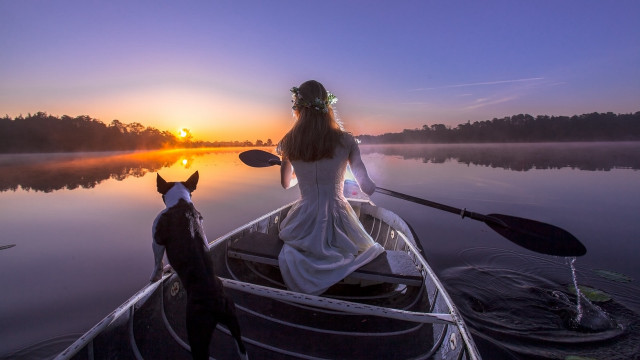 Woman boat dog dusk sunset free wallpaper - medium preview image