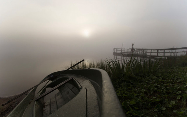 Foggy lake boat bridge ruins free wallpaper - medium preview image