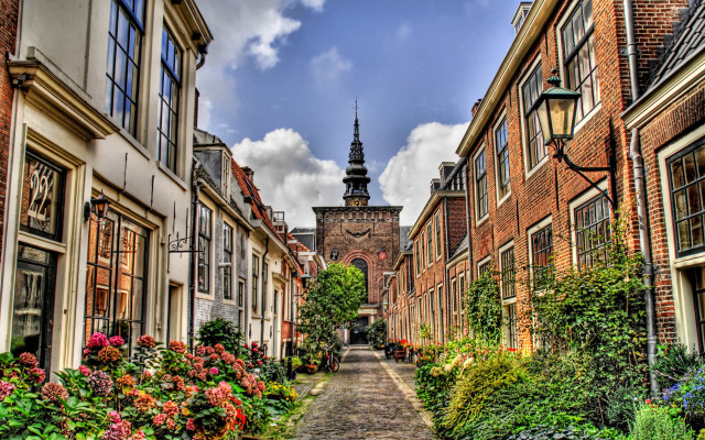 Narrow street clock tower flowers free wallpaper - medium preview image