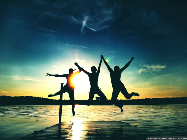 People jumping dock sunset silhouette free wallpaper - medium preview image
