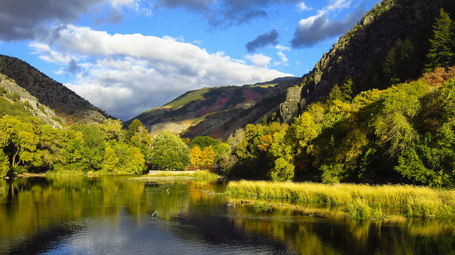 River mountains trees cloudy sky #5 free wallpaper - medium preview image