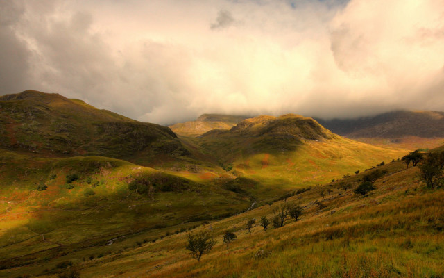 Grassy field mountains cloudy sky free wallpaper - medium preview image
