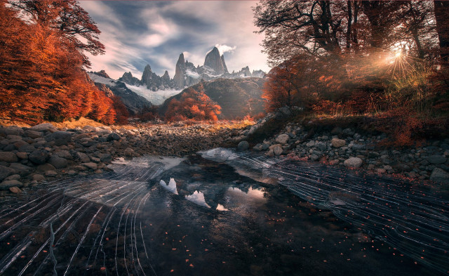 Mountain stream trees autumn sunset free wallpaper - medium preview image