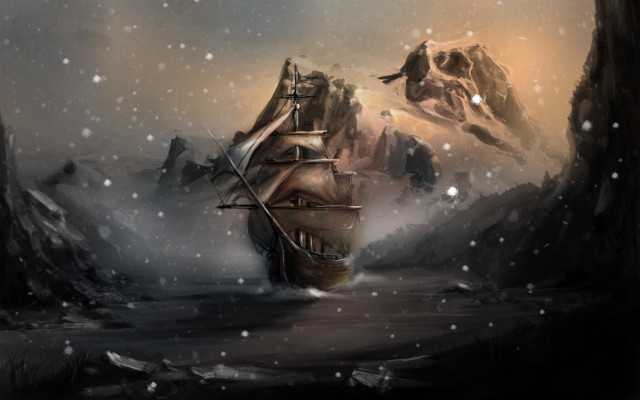 Ship snowy mountains fantasy aurora free wallpaper - medium preview image