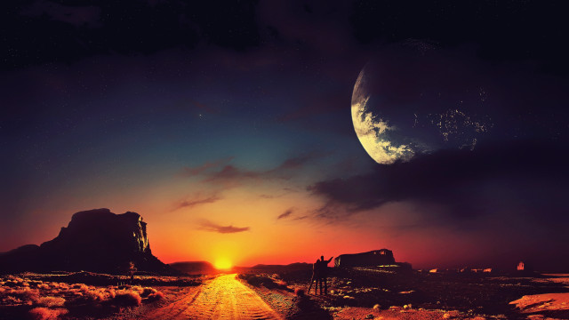 Man sunset dirt road distant free wallpaper - medium preview image