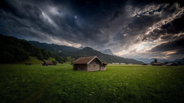 Small cabin mountains clouds stormy free wallpaper - medium preview image