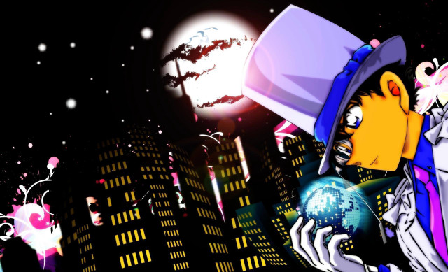 Cartoon character holding globe city free wallpaper - medium preview image