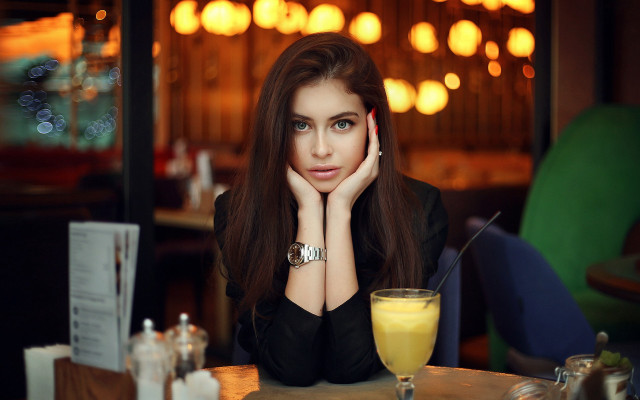 Woman orangejuice cafe bokeh portrait free wallpaper - medium preview image
