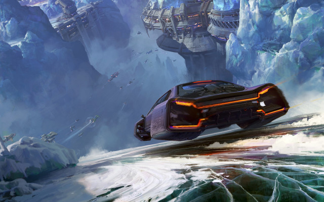 Futuristic car mountain city scene free wallpaper - medium preview image