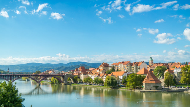 River bridge buildings clouds sky free wallpaper - medium preview image
