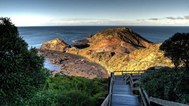 Wooden staircase rocky cliff ocean free wallpaper - medium preview image