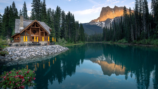 Cabin rock wall lake mountain free wallpaper - medium preview image